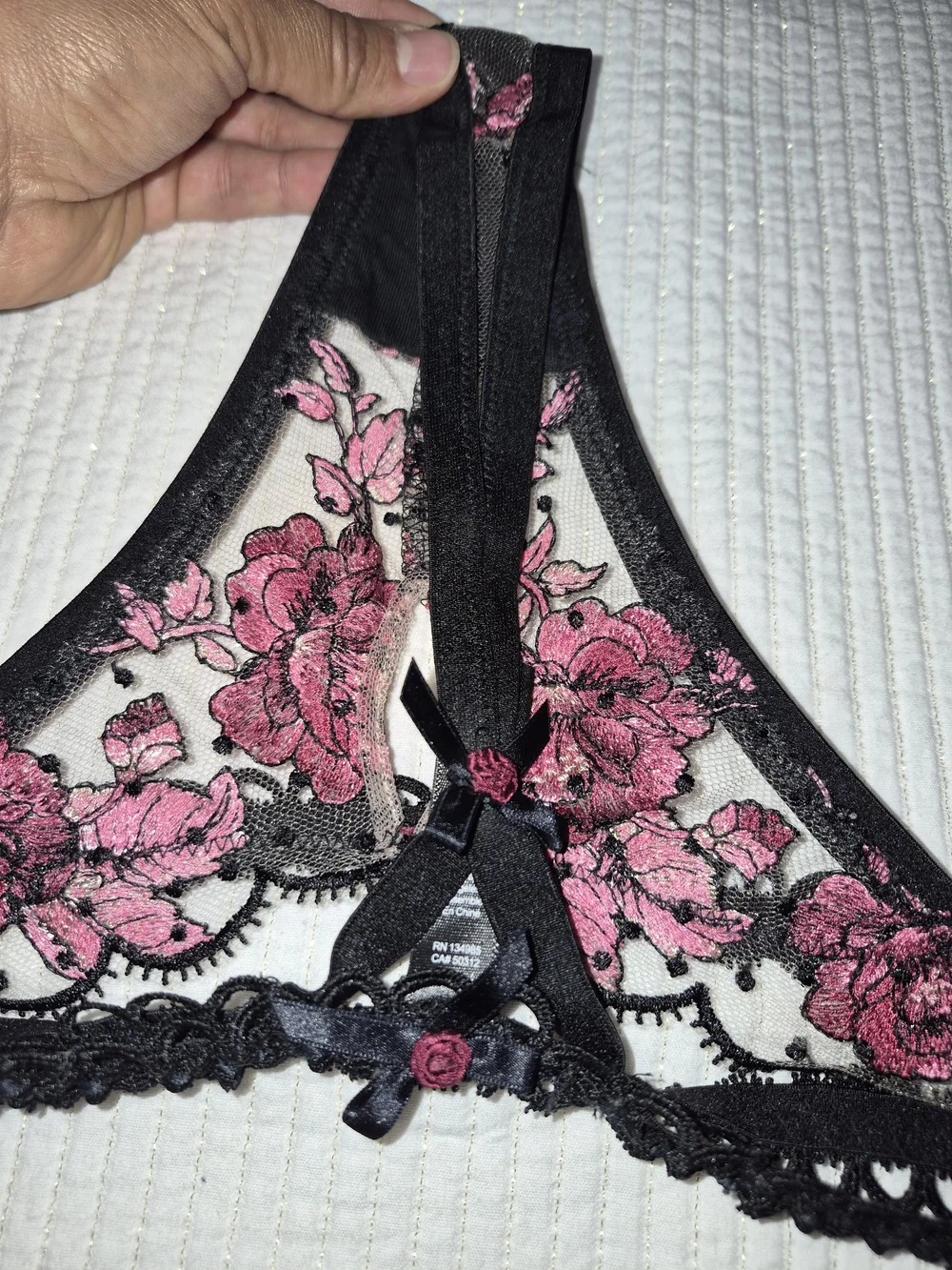 For Love And Lemons Black Sheer Bra & Garter Set with Pink Floral Embroidery